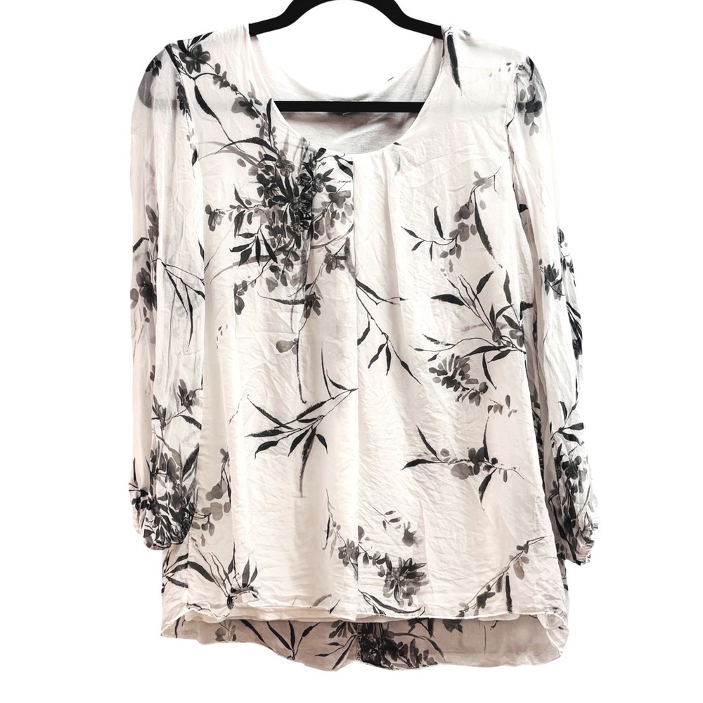 Rosemarine Made in Italy Floral 100% Silk Blouse White Black Long Sleeve Small